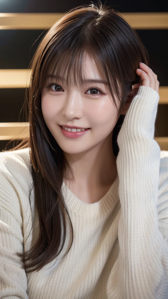 1 Japanese girl,(White sweater:1.4), (RAW Photos, highest quality), (Realistic, Realistic:1.4), Tabletop, Very delicate and beautiful, Very detailed, 8k wallpaper, wonderful, In detail, Very detailedなCG Unity, High resolution, Soft Light, Beautiful details 19 years old, Very detailedな目と顔, Beautiful and sophisticated nose, Beautiful details,Cinema Lighting,Perfect Anatomy,Slender body,smile  (Asymmetrical bangs,)
