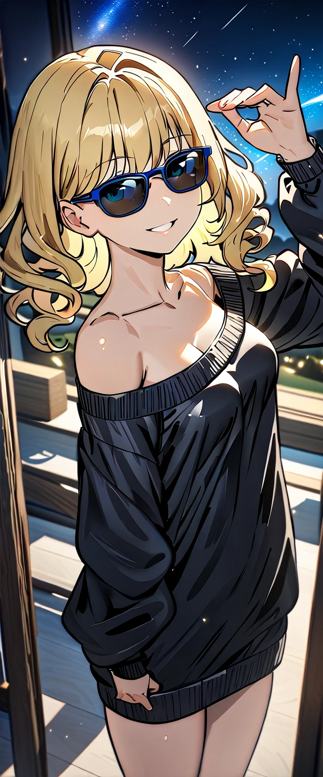 ((out door)), bare legs, A quiet mountain landscape with a starry sky stretching out, the Milky Way shining beautifully in the night, (()), (((sunglasses, hand to sunglasses))), ((())), ((wavy hair, inward curled hair)), ((night)), ((blond hair, bob cut:1.3)), breasts, ager, (looking at viewer), oversized clothes, puffy long sleeves, ((off-shoulder sweater:1.3, Quite thick shoulder straps)), ((black sweater)), collarbone, head tilt:1.3, (((blue eyes))), ((happy smile)), (((anime style))), (best quality, 4K, 8K, highres, masterpiece:1.2, ultra-detailed, ultra-detailed eyes, HDR, uhd, studio lighting, ultra-fine painting, sharp focus, physically-based rendering, extreme detail description, professional, vivid colors, bokeh)