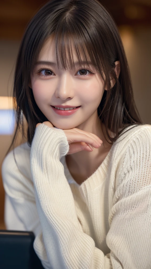 1 Japanese girl,(White sweater:1.4), (RAW Photos, highest quality), (Realistic, Realistic:1.4), Tabletop, Very delicate and beautiful, Very detailed, 8k wallpaper, wonderful, In detail, Very detailedなCG Unity, High resolution, Soft Light, Beautiful details 19 years old, Very detailedな目と顔, Beautiful and sophisticated nose, Beautiful details,Cinema Lighting,Perfect Anatomy,Slender body,smile  (Asymmetrical bangs,)