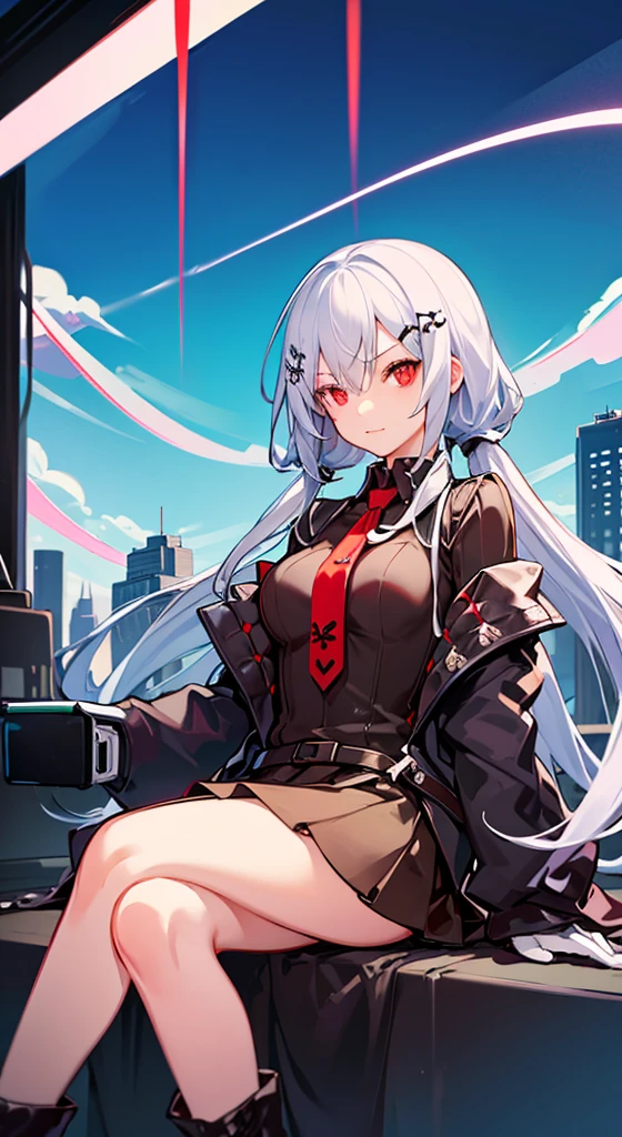 Girl with long white hair, red eyes, sitting on a guy with long black hair