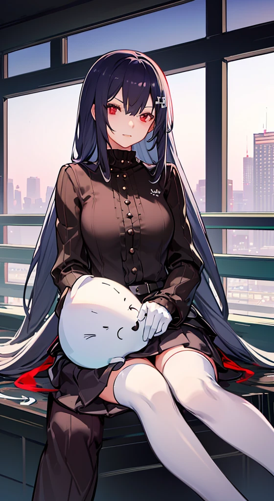 Girl with long white hair, red eyes, sitting on a guy with long black hair