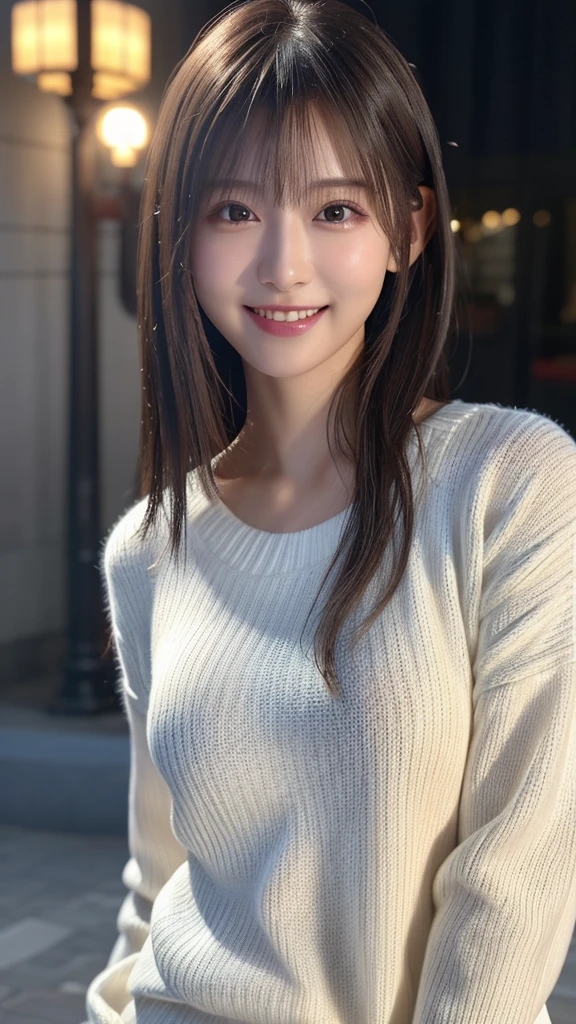 1 Japanese girl,(White sweater:1.4), (RAW Photos, highest quality), (Realistic, Realistic:1.4), Tabletop, Very delicate and beautiful, Very detailed, 8k wallpaper, wonderful, In detail, Very detailedなCG Unity, High resolution, Soft Light, Beautiful details 19 years old, Very detailedな目と顔, Beautiful and sophisticated nose, Beautiful details,Cinema Lighting,Perfect Anatomy,Slender body,smile  (Asymmetrical bangs,)