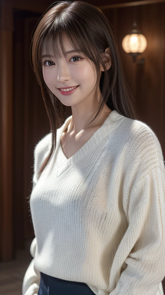 1 Japanese girl,(White sweater:1.4), (RAW Photos, highest quality), (Realistic, Realistic:1.4), Tabletop, Very delicate and beautiful, Very detailed, 8k wallpaper, wonderful, In detail, Very detailedなCG Unity, High resolution, Soft Light, Beautiful details 19 years old, Very detailedな目と顔, Beautiful and sophisticated nose, Beautiful details,Cinema Lighting,Perfect Anatomy,Slender body,smile  (Asymmetrical bangs,)