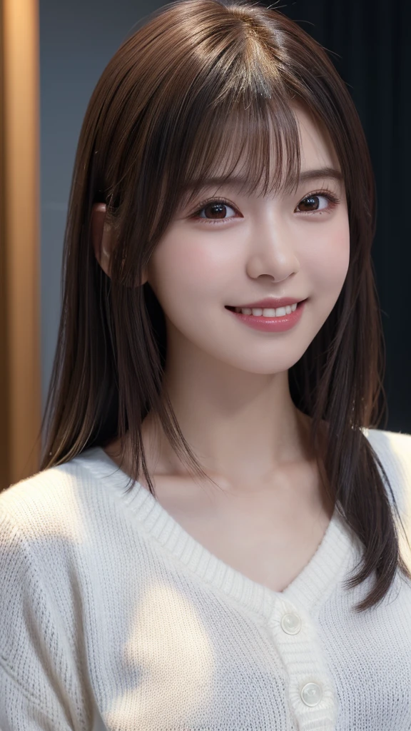1 Japanese girl,(White sweater:1.4), (RAW Photos, highest quality), (Realistic, Realistic:1.4), Tabletop, Very delicate and beautiful, Very detailed, 8k wallpaper, wonderful, In detail, Very detailedなCG Unity, High resolution, Soft Light, Beautiful details 19 years old, Very detailedな目と顔, Beautiful and sophisticated nose, Beautiful details,Cinema Lighting,Perfect Anatomy,Slender body,smile (Asymmetrical bangs,)