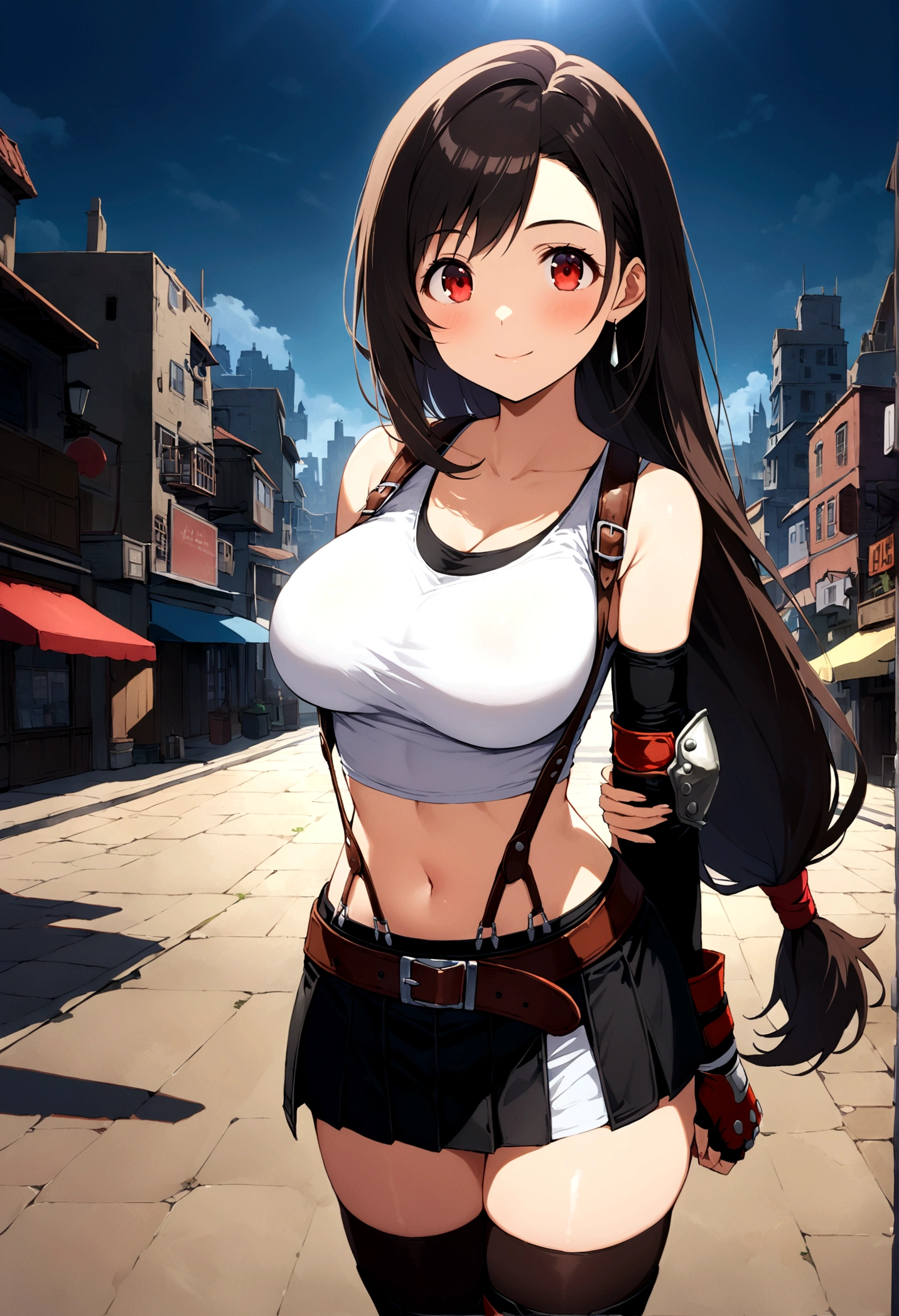 score_9, score_8_up, score_7_up, score_6_up, score_5_up,,rating_safe. BREAK , (from front,,feet focus,standing,straight-on,,(upperbody),looking_at_viewer ,1girl, tifa lockhart, final fantasy, tareme,black hair, low-tied long hair, red eyes, bangs, (white tank top, belt, pleated skirt, thighhighs, elbow fingerless gloves, elbow pads, midriff, navel,suspender skirt) ,large_breasts,(light smile),,,Solo,,(daytime and beachside and city),(best quality),(aesthetic,very aesthetic),,highly detailed,,depth of field,,professional lighting,cinematic lighting, ,(arms behind back),