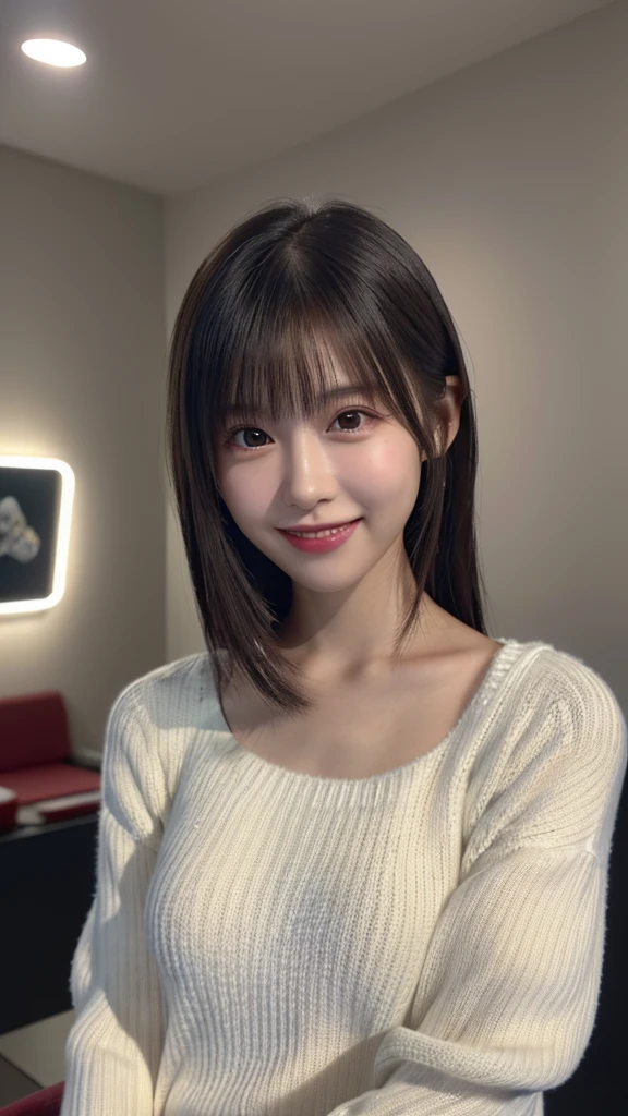 1 Japanese girl,(White sweater:1.4), (RAW Photos, highest quality), (Realistic, Realistic:1.4), Tabletop, Very delicate and beautiful, Very detailed, 8k wallpaper, wonderful, In detail, Very detailedなCG Unity, High resolution, Soft Light, Beautiful details 19 years old, Very detailedな目と顔, Beautiful and sophisticated nose, Beautiful details,Cinema Lighting,Perfect Anatomy,Slender body,smile  (Asymmetrical bangs,)