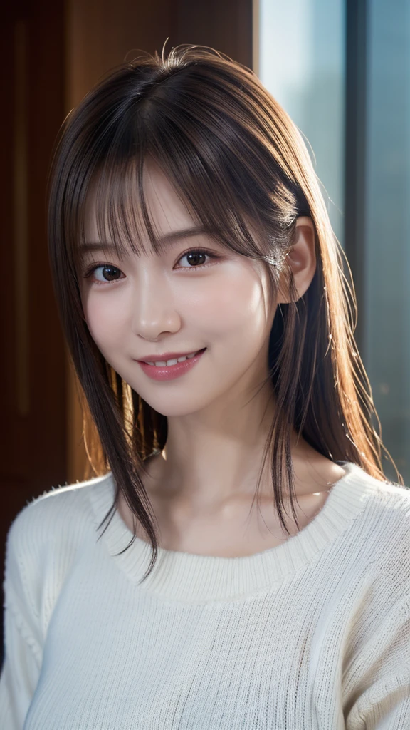 1 Japanese girl,(White sweater:1.4), (RAW Photos, highest quality), (Realistic, Realistic:1.4), Tabletop, Very delicate and beautiful, Very detailed, 8k wallpaper, wonderful, In detail, Very detailedなCG Unity, High resolution, Soft Light, Beautiful details 19 years old, Very detailedな目と顔, Beautiful and sophisticated nose, Beautiful details,Cinema Lighting,Perfect Anatomy,Slender body,smile  (Asymmetrical bangs,)