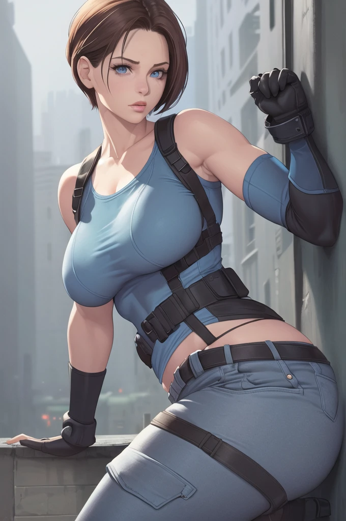 (work of art, best qualityer:1.2), Jill Valentine, 1 girl, pose lateral, she has her body on her side, sideways to the viewer, gloves fingerless, mitts, blue colored eyes, shorth hair, chestnut hair, standing alone, coldre, legs spread open, breastsout, pants, regatta, waist belt, large breastsout, mitts pretas, looking at side, cold shoulder, elbow pads, cold thigh, parted lips, lips, regatta azul, shirt blue, contrasted, blurry, jeans, clavicle, redesign, sleeveless, Jill Valentine,