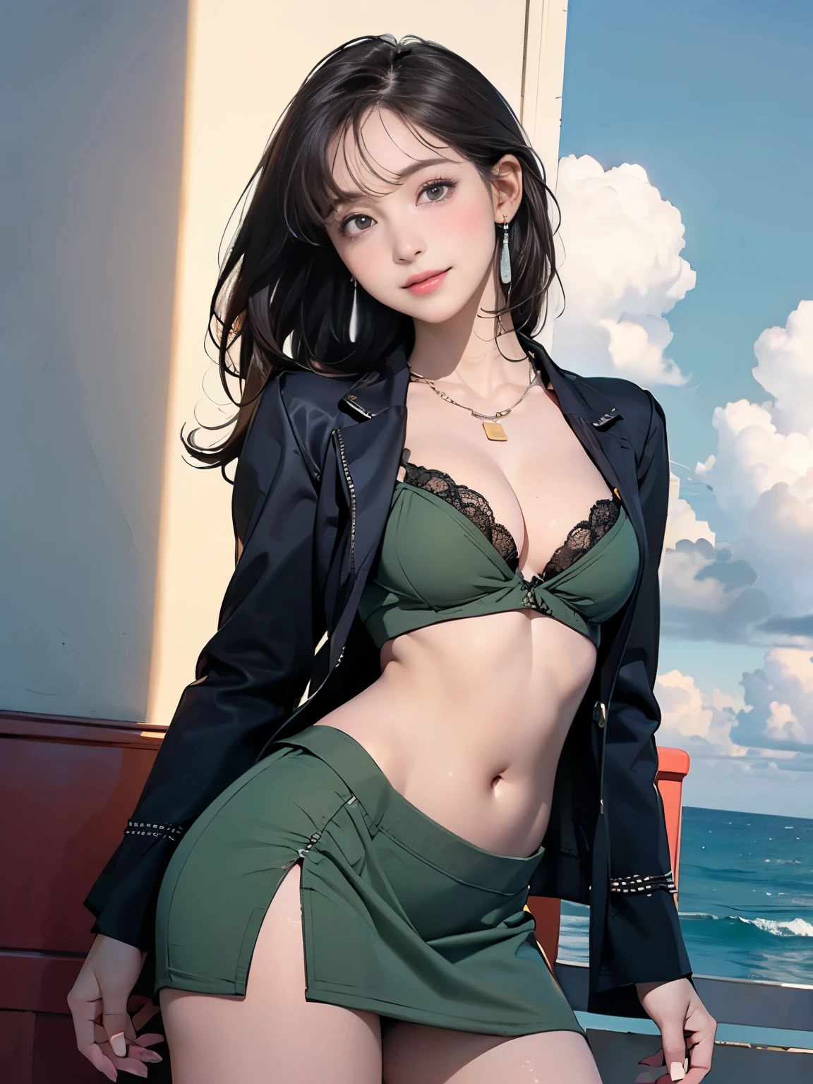 ((((Highest quality))))、(((Ultra-precision CG16K wallpaper)))、(((masterpiece)))、(((Super detailed)))、(((Extreme detail)))、((1Mature 29 year old woman:1.6))、((Very beautiful Japan face of a person))、((Urizane Face:1.8))、((Medium Straight Hair:1.8))、(Shiny Hair)、A delicately drawn beautiful face、(Dark Eyes、Reflected light from the eye)、double eyelid、High nose、Small nostrils、Small Mouth、Seductive lips、Beautiful breasts、((C cup size breasts))、Cleavage、Small belly button、Delicate nails、Beautiful feet、Thin thighs、eight-headed body、Perfect proportions、Perfect Anatomy、Perfect composition、Beautiful detailed shading、Beautiful, natural lighting、Beautiful detail glow、Depth of written boundary、(((High chroma)))、(((Real:1.9)))、((vivid:1.5))、((Beautiful Skin))、((Skin Texture))、((Realな皮膚感))、(((Cowboy Shot:1.6)))、(((front view、shoot from front、front low angle:1.6)))、(((smile:1.5)))、(((looking at viewer:1.6)))、Bright daylight、Natural light、(((background_Ocean、port、Sky and Clouds:1.5)))、(Standing pose:1.6)、(((Dark green suit&Low rise and tight slit mini skirt:1.6)))、((necklace、Wearing earrings:1.5))、((Lace Stockings Clothed))、