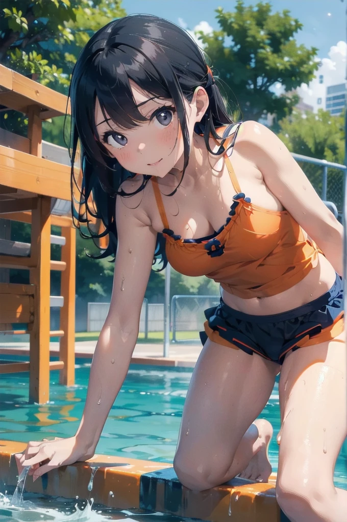 Dripping wet with slippery lotion,Orange swimsuit(Orange camisole,(Navy blue piping)),Navy blue shorts,Black Hair,Water playground in the park,Leaning forward pose,