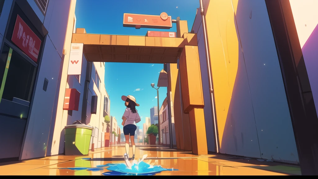work of art, best qualityer, an trunk shot of a woman going through a city, cups, aviators, oculos de sol, nuanced, (trunk), going, portraite, lateral view, City street, swirly vibrant colors, hight contrast, splash of color,