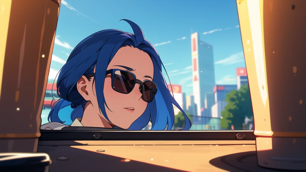 work of art, best qualityer, an trunk shot of a woman going through a city, cups, aviators, oculos de sol, nuanced, (trunk), going, portraite, lateral view, City street, swirly vibrant colors, hight contrast, splash of color,
