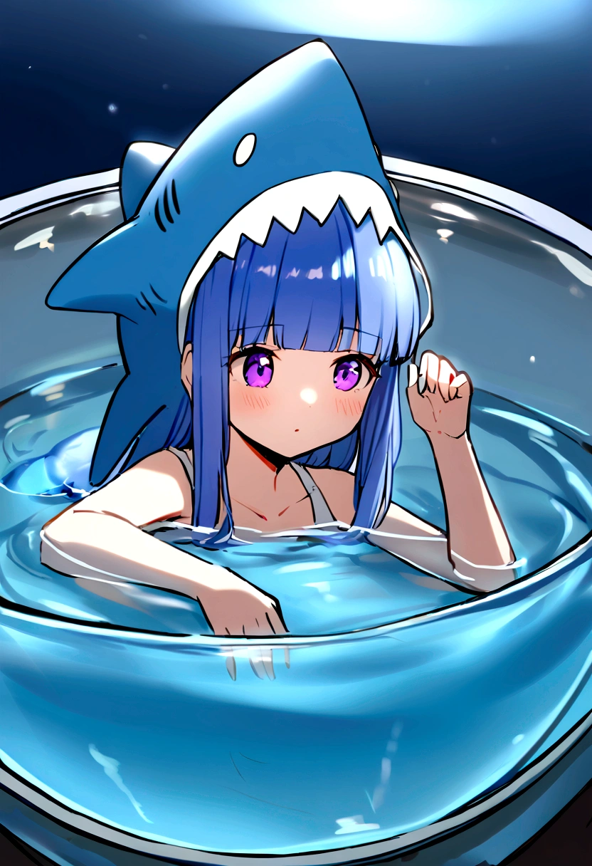 1 Girl, alone, Blue Hair, Purple eyes, Long Hair, blunt bangs, bangs,(Shark Costume), Shark Costumeを着た***が水族館のガラスのトンネルを歩いているシーン。Marine life swims all around.、The blue light reflects off of it, creating a fantastic atmosphere.。She is looking excitedly into the tank.。