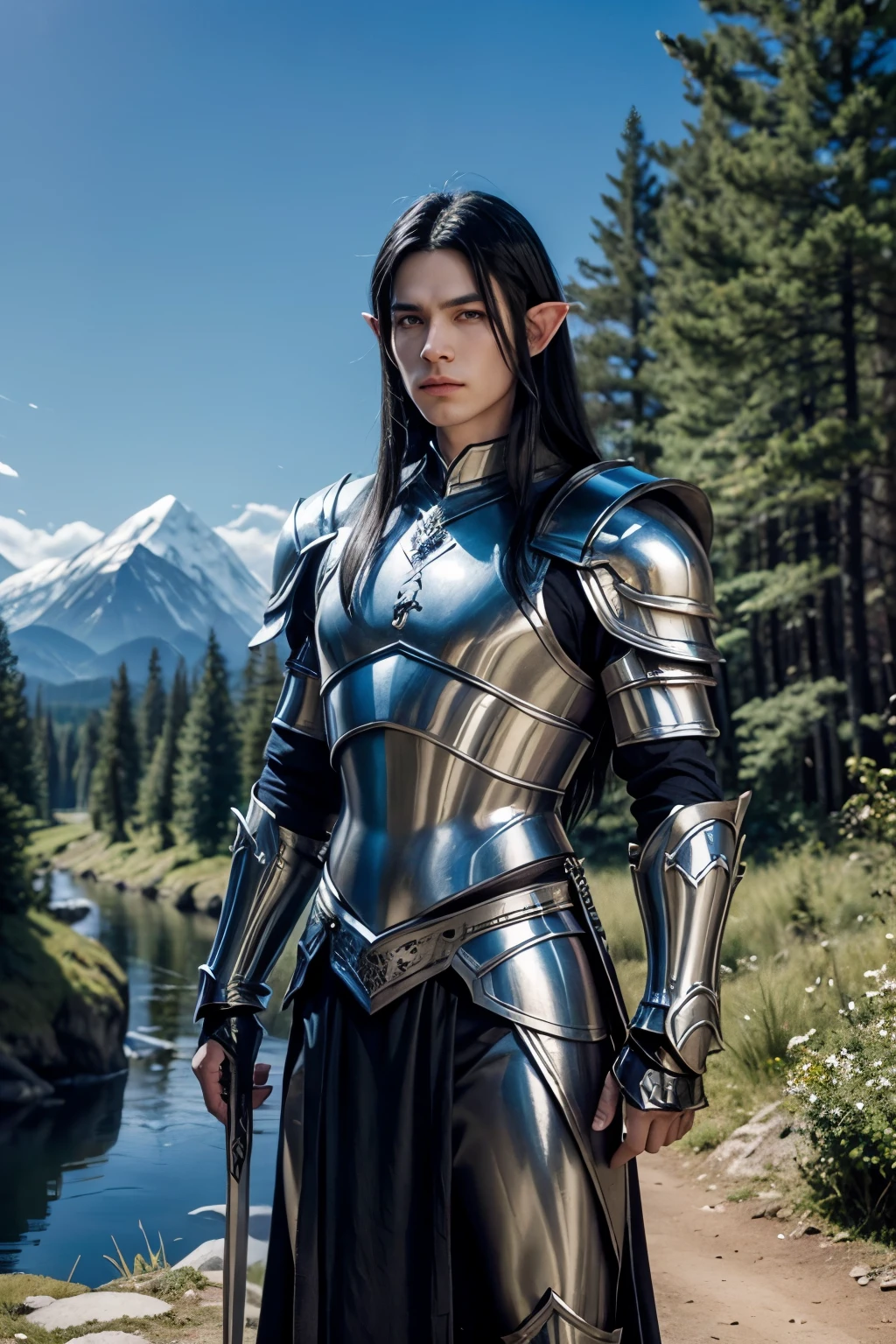 a male elf warrior,with long straight black hair,Silver armor,Alabaster Skin,sword in hand,background a forest with a river ,mountains background,blue sky background