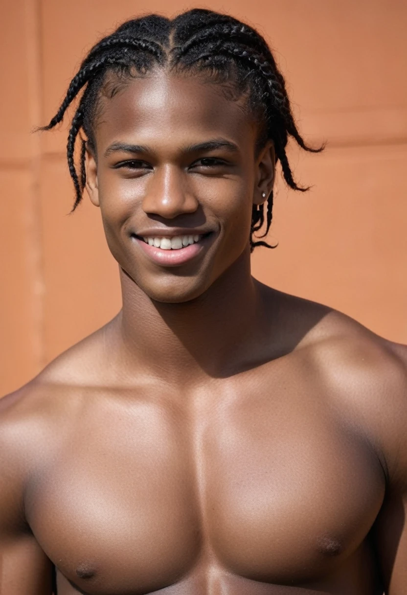 16 year old ager, defined musculature, extremely dark black skin, brown brown eyes, rectangular face, shoulder-length curly medium black hair with stylish nagô braids, thick lips, double chin, defined jaw, six pack abs, wearing no shirt, convinced smile, stylish, appealing, sensuous, chest hair, young boy, Adam&#39;s apple prominent on the neck, , wearing tight short shorts.