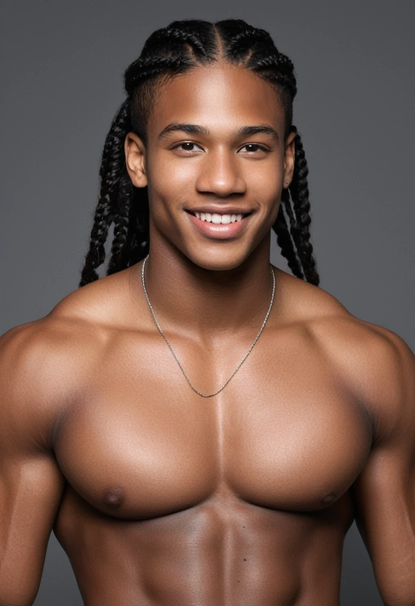 teenager, dusculature, extremely dark black skin, brown brown eyes, rectangular face, shoulder-length curly medium black hair with stylish nagô braids, thick lips, double chin, defined jaw, six pack abs, wearing no shirt, convinced smile, stylish, appealing, sensuous, chest hair, young boy, Adam's apple prominent on the neck, , wearing tight short shorts.