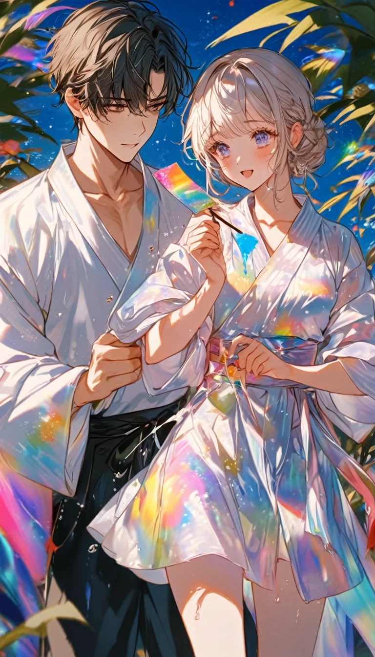 Stripを見つめ合うTwo people、Two people、Tanabata、Strip、Bamboo leaf、Stripに願いをこめて、Grilling in a yukata,fluid,Particles of light, dream-like,Sparkling,dream-like glow,Paint drips,oil,strong stroke,Paint drips,Splash Paint Drop, oil,(Abstract:1.2)A girl and a boy made up of(Tanabataライトトレース:1.25),Change to (Radioluminescence light tracking) スタイルTanabataのSummer festival,Two peopleは織姫と彦星(Cowboy Shot,Above Knee Portrait:1.25),Temple Fair,Summer festival,Shining in rainbow colors、16K, Ultra-high resolution, to be born,wonderful ,future、Iridescent、The world 30 years from now。