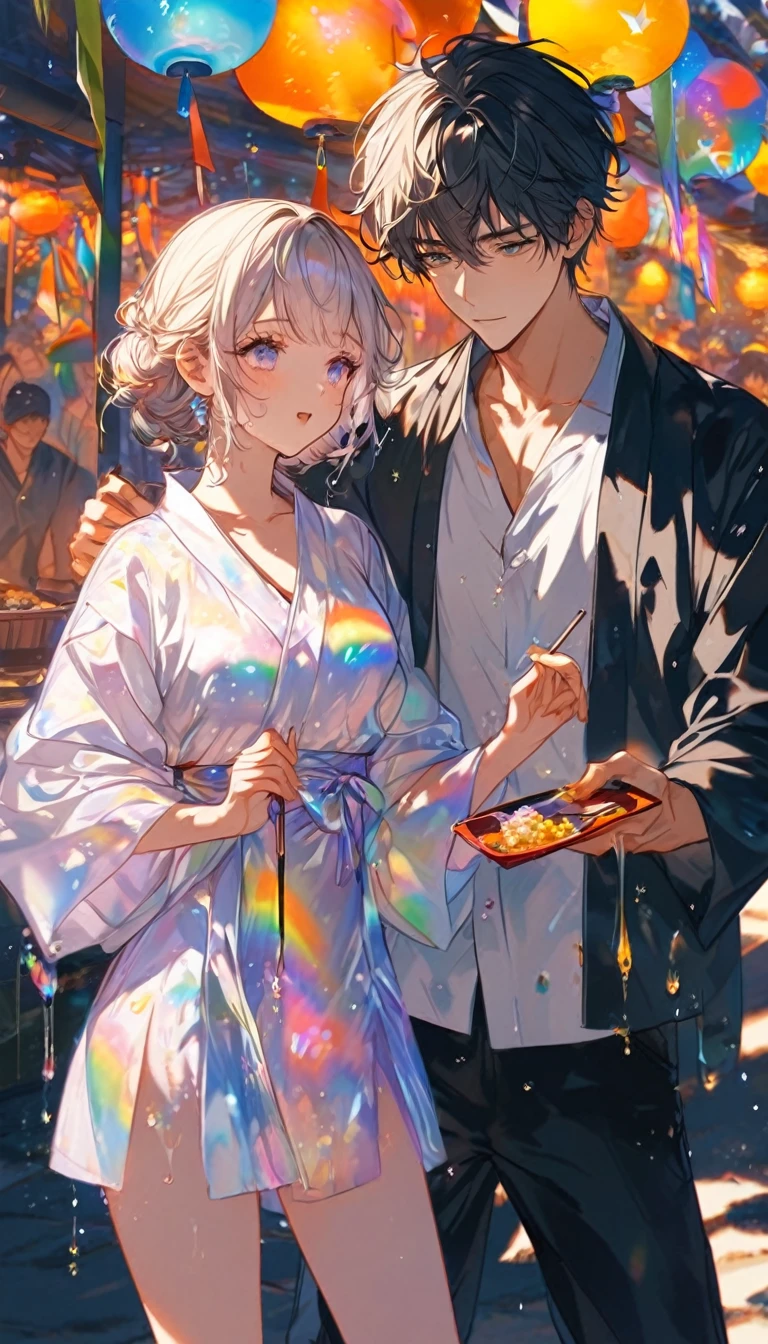 Stripを見つめ合うTwo people、Two people、Tanabata、Strip、Bamboo leaf、Stripに願いをこめて、Grilling in a yukata,fluid,Particles of light, dream-like,Sparkling,dream-like glow,Paint drips,oil,strong stroke,Paint drips,Splash Paint Drop, oil,(Abstract:1.2)A girl and a boy made up of(Tanabataライトトレース:1.25),Change to (Radioluminescence light tracking) スタイルTanabataのSummer festival,Two peopleは織姫と彦星(Cowboy Shot,Above Knee Portrait:1.25),Temple Fair,Summer festival,Shining in rainbow colors、16K, Ultra-high resolution, to be born,wonderful ,future、Iridescent、The world 30 years from now。