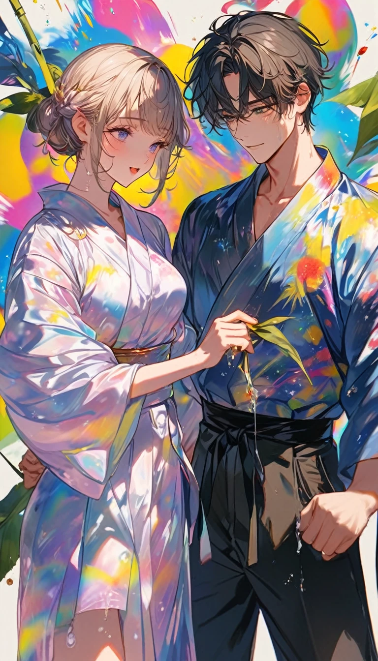 Stripを見つめ合うTwo people、Two people、Tanabata、Strip、Bamboo leaf、Stripに願いをこめて、Grilling in a yukata,fluid,Particles of light, dream-like,Sparkling,dream-like glow,Paint drips,oil,strong stroke,Paint drips,Splash Paint Drop, oil,(Abstract:1.2)A girl and a boy made up of(Tanabataライトトレース:1.25),Change to (Radioluminescence light tracking) スタイルTanabataのSummer festival,Two peopleは織姫と彦星(Cowboy Shot,Above Knee Portrait:1.25),Temple Fair,Summer festival,Shining in rainbow colors、16K, Ultra-high resolution, to be born,wonderful ,future、Iridescent、The world 30 years from now。