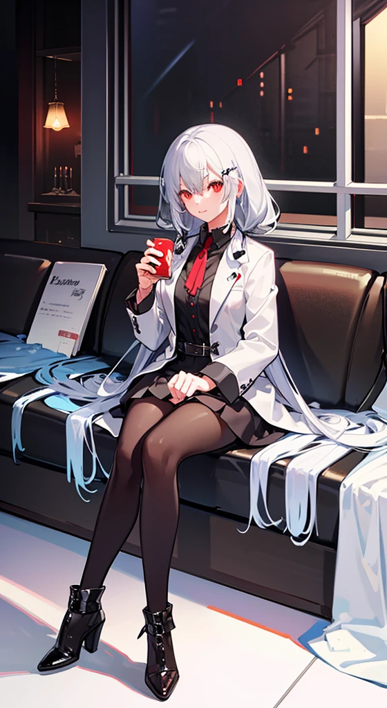 Girl with long white hair, red eyes, sitting on a guy with long black hair