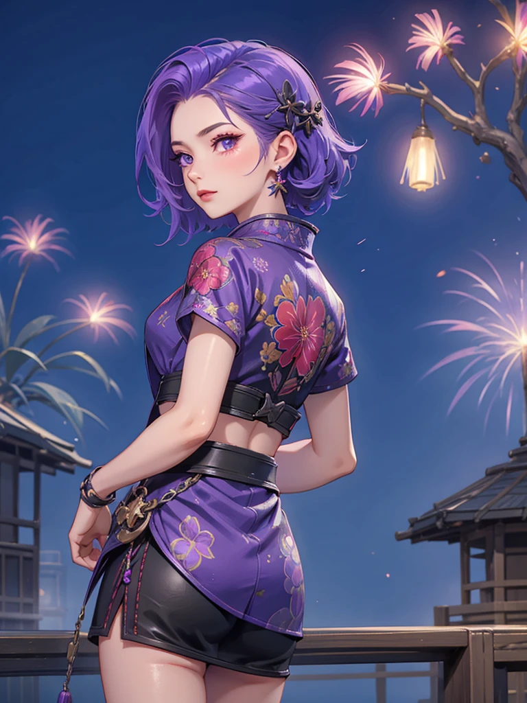 Ixia mobile legends kimono night fire work , purple hair, short hair