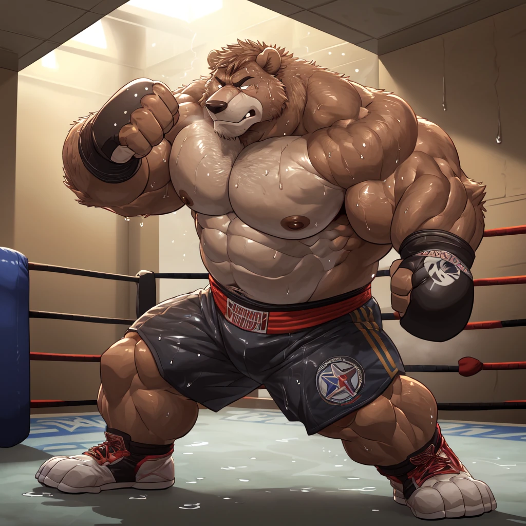 ((solo)), (anthro:1.2) bear (lora; little john), adult, (athletic:1.4), (dense muscles), (super strong:1.4), (correct anatomy:1.2), (broad shoulders:1.2), (heavy build, massive body:1.6), (realistic fur, detailed brown fur texture:1.3), kickboxing martial arts tournament background (corner of the kickboxing MMA ring:1.6), photorealistic, (black compression shorts), (bare torso:1.4), (footwear:1.2), (detailed clothing), hyperrealistic, ultradetailed, (by wfa:1.2), (by takemoto_arashi, by vorusuarts, by Traver009:1, by grimfaust:1), natural lighting, (wet. sweat:1.4), exhausted, ursine head (open eyes, brown mane), (steaming breath:1.2), ((serious:1.4) expression), (punching:1.4), (view from center:1.4)