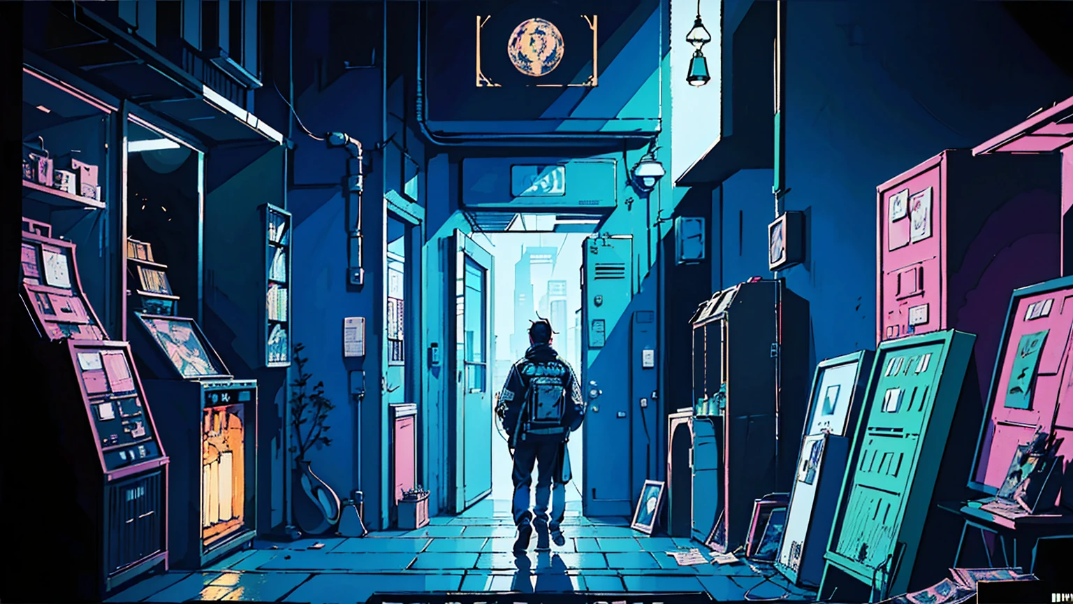 Photo of a man listening to music using headphones, Send a message why you, super detaill, Onda vintage, cyber punk, sad atmosphere, Bright light through the windows, night time scene, A room, 2d, (shot from afar), wide plan, (Film noise), ANTIQUE CARTOON, (Many records: 1.3), vinyl record store, (work of art, very high quality, very high quality, offcial art, beautiful and aesthetic: 1.2), (very detailled, (Fractal Art: 1.4 ), guitar, (banknotes: 1.4), (Hip-hop lo-fi), lateral view, Old anime textures, standing alone, Speakers, cyber punk, vinyl, natta. ultra wide entrance cena