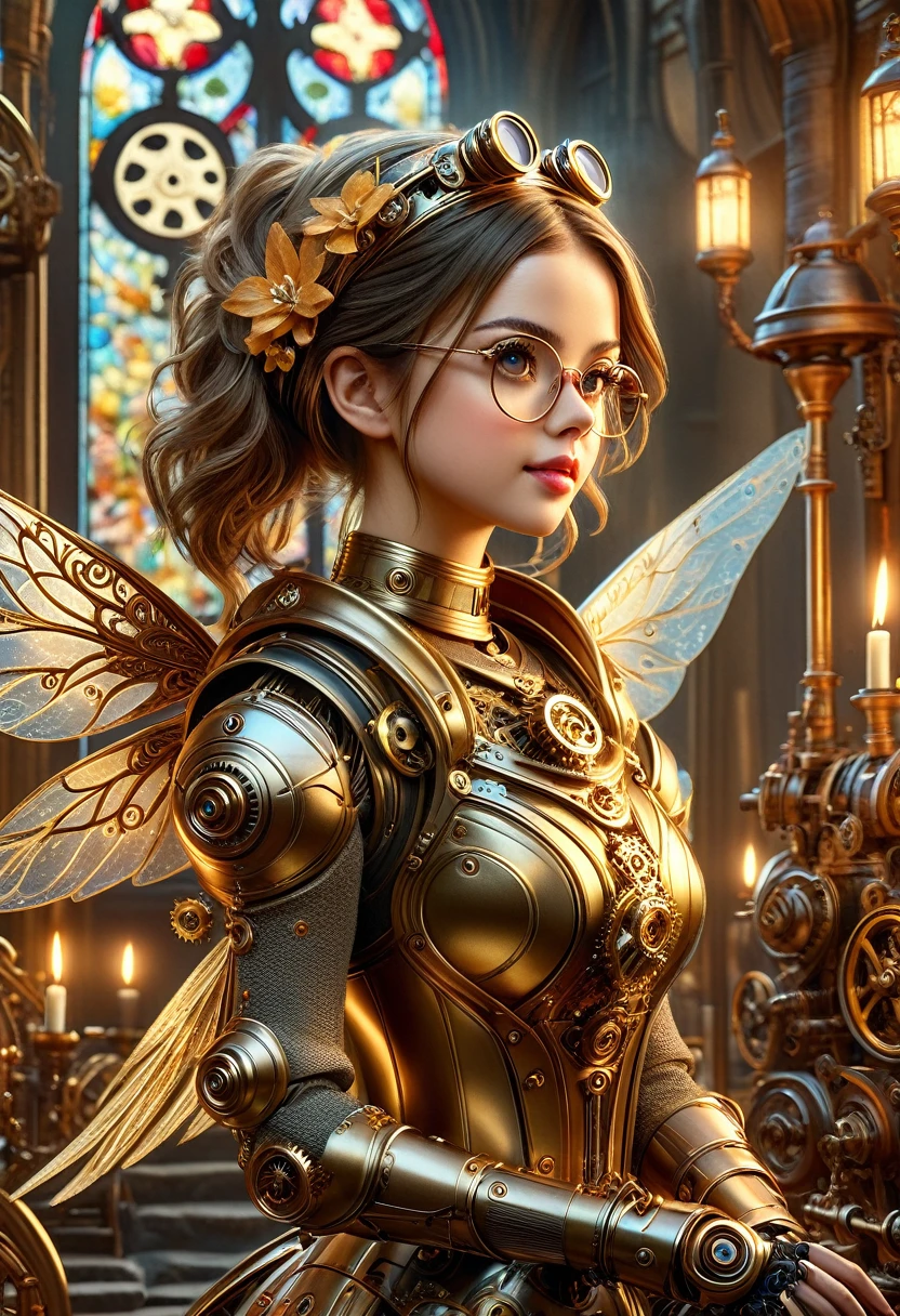 masterpiece, best quality, highly detailed, 1girl, solo, twintails, off-shoulder sweater, choker, large glasses, gold locket, jacket, hairband, looking at viewer, smile, blush, Wide Smile, Eyes Detailed & Wide, sexy Pose. Ultra HD, Rococo-Inspired Fantasy Art With Intricate Details. Cute, Charming Expression, Alluring-Gaze, looking at viewer Beautiful Eyes, An-Ideal-Figure. . slim waist, fit body, full lipsWarm lights , woman in a dreamy forest at night, with fluffy hair, delicate face, realistic, real, slim, large aperture, sexy shots, attractive poses,Stunnin gly beautiful merge of Scarlett Johanson. Alison Brie, Selena Gomez. symmetrical face, photorealistic, photography, path tracing, specular lighting, volumetric face light, path traced hairmaximum quality{(masutepiece) (8K High Resolution) (top-quality) In the style of breath of the wild.medieval monastery garden,steampunk robot monk,beautiful ornate architecture,steampunk machinery and gears,exquisite stained glass windows,enchanted flower garden,ancient stone walkway with intricate carvings,glowing candles and dimly lit atmosphere,steam and smoke billowing from the machinery,mystical atmosphere,peaceful and serene setting,mechanical wings attached to the robot monk's back,robot monk with intricate clockwork mechanisms,electromechanical eyes glowing with energy,warm golden color palette,gentle sunlight streaming through the stained glass windows,whispering sound of wind and rustling leaves,the scent of aged books and incense,notes of ancient Gregorian chants echoing in the air,sense of awe and tranquility,combination of futuristic and medieval elements,harmony of technology and spirituality. 
