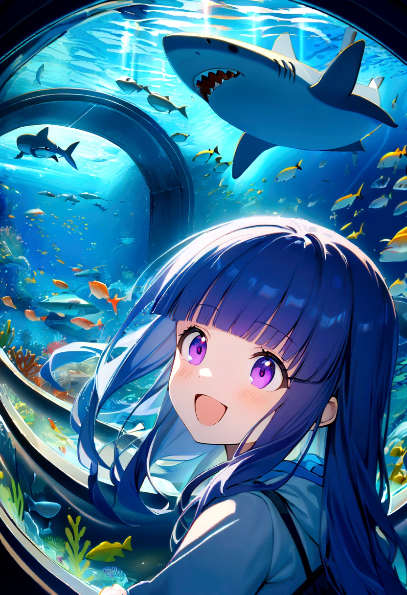 1 Girl, alone, Blue Hair, Purple eyes, Long Hair, blunt bangs, bangs,(Shark Costume), aquarium, Glass tunnel, sea creature, school of fish, illumination, Blue light, Aquarium, reflection, adventure, excited, Light effects, mysterious