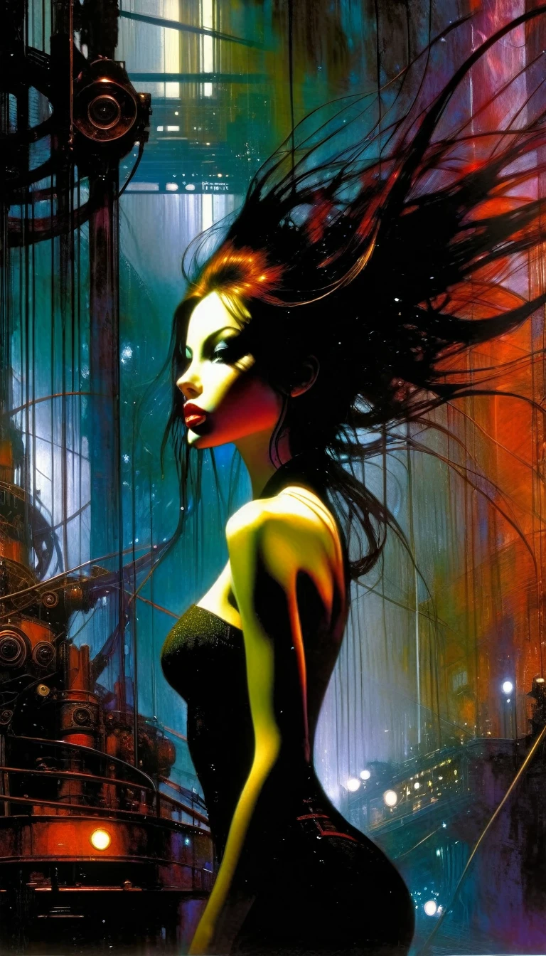futuristic world: 1.5, surrealism, impressionism, oil painting, chiaroscuro, sensual, dramatic lighting, moody atmosphere, photorealistic, intricate details, masterpiece, ultra-detailed, high quality, 8k, best quality, realistic, cinematic, dark and brooding, expressionistic, powerful composition, emotional impact, Bill Sienkiewicz inspired art