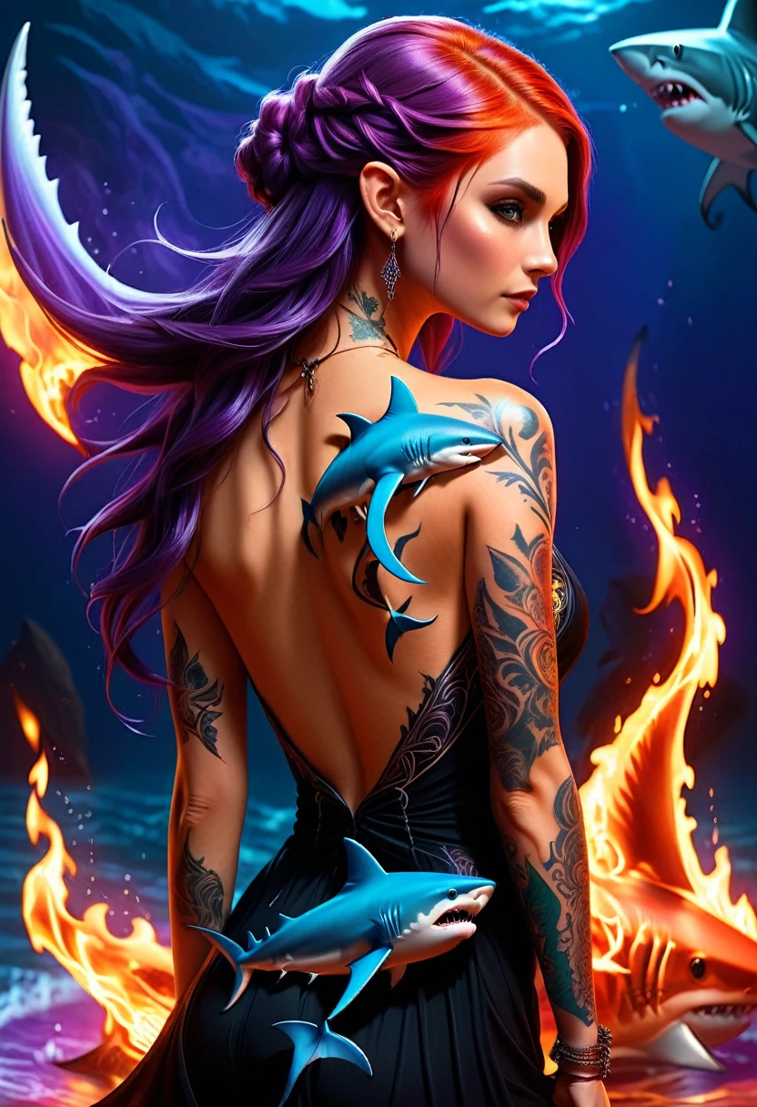 Arafed, a picture of a ((shark tattoo: 1.5)) on the back of a female elf, of  glowing tattoo of a ((blue shark: 1.3)) the shark tattoo is vivid, intricate detailed coming to life rising from the ink to real life, ,  AlchemyPunkAI, shoot taken from the back, ((the back is visible: 1.3), she wears a transparent dress that the tattoos glow,