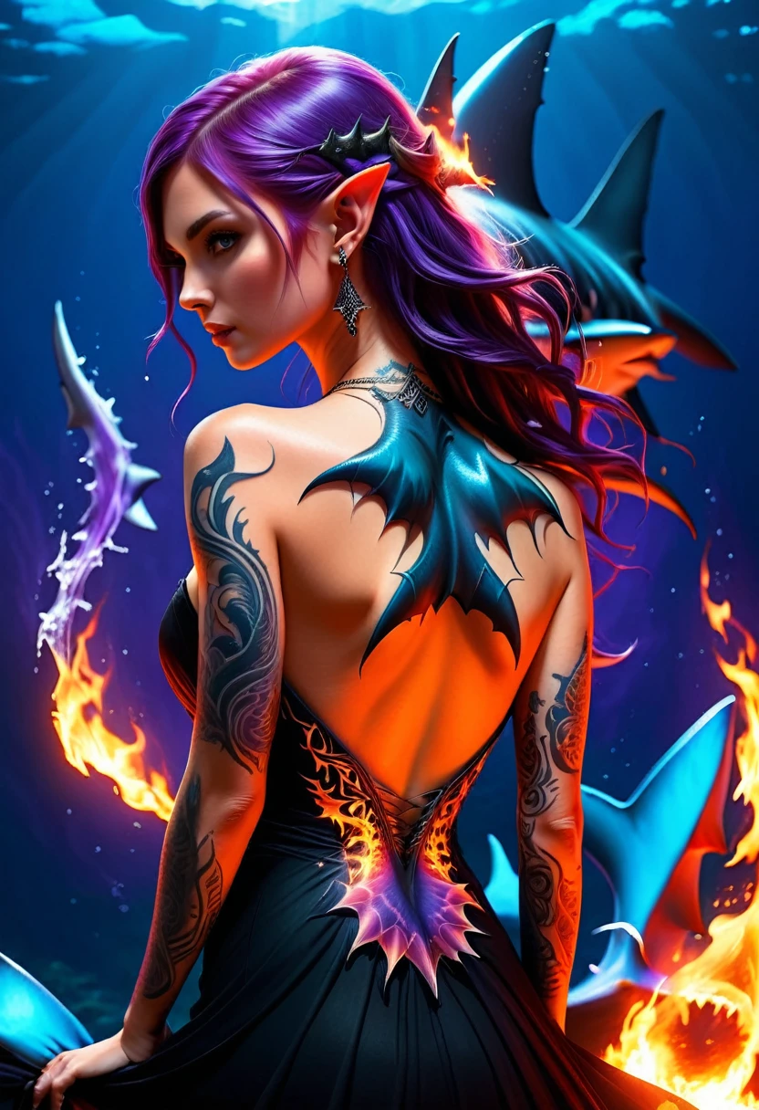 a picture of a an elf with a ((tattoo of a shark: 1.5)) on her back, Dark fantasy art, fantasy art, goth art,, a glowing tattoo of a ((shark: 1.3)) on the back of the elf, the ((shark tattoo)) is vivid, intricate detailed coming to life from the ink to real life, GlowingRunesAI_purple, ((fire surrounds the shark: 1.5)), shoot taken from the back, ((the back is visible: 1.3), she wears a transparent black dress, the dress is elegant, flowing, elven style, that the tattoos glow, dynamic hair color, dynamic hair style, faize,, Digital Painting