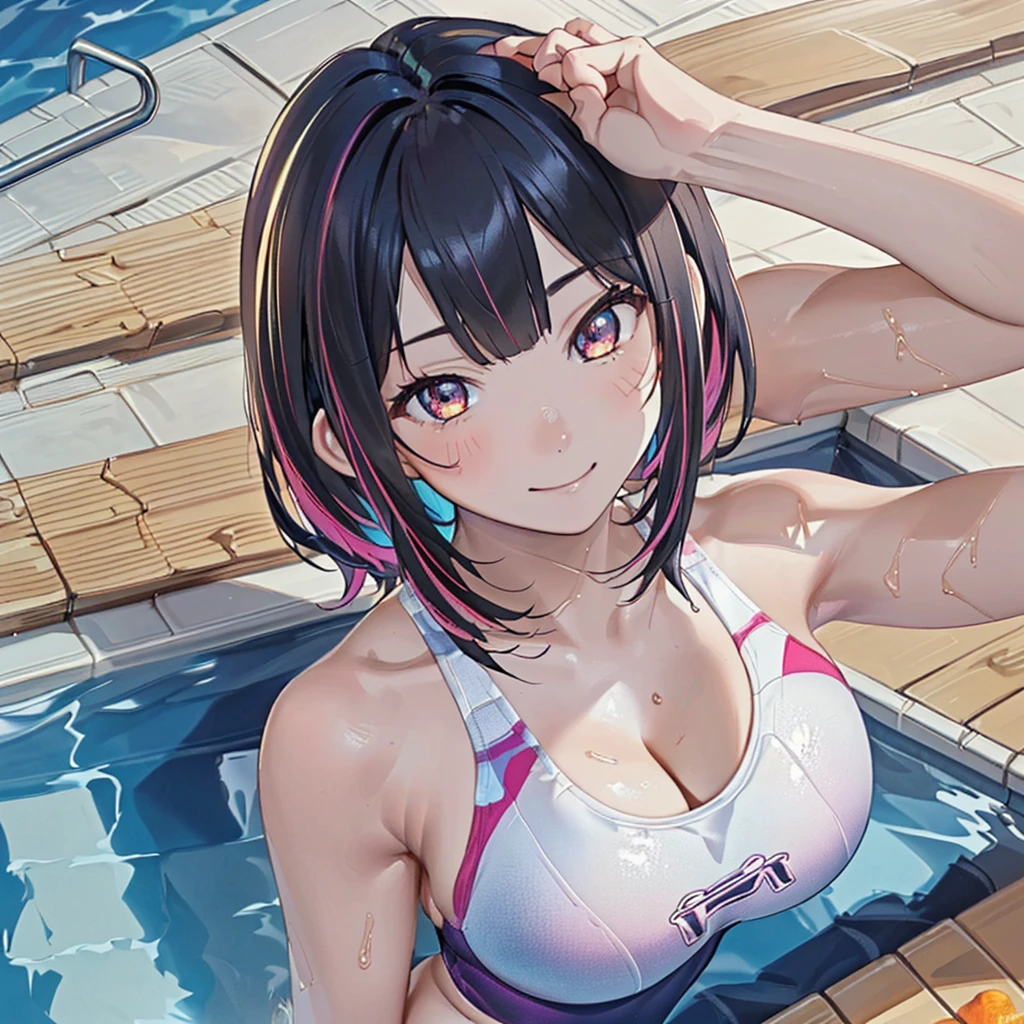 ((masterpiece、top-quality:1.5、a high chroma:1.5、ultra-detailliert、high-resolution illustrations:1.5、Ultra-high-definition CG、8k size wallpaper、offcial art))、((from above:1.8)),(1woman,),(cute face:1.5,cute eyes:1.5)、((face:1.5)),((close to viewer:1.8,face only:1.5)),((Close to the viewer:1.8、only face:1.5))、
(forced smile:1.3)、(sexy body),(on back),(competition swimsuit:1.5)、,(multicolored hair:1.5), (large breasts:1.5)、(Portrait:1.8),(portrait:1.8),(curvy:1.3)、(Portrait:1.8)
,(Shining amber eyes:1.5),(midsummer outdoor pool:1.5)、(upper body)、