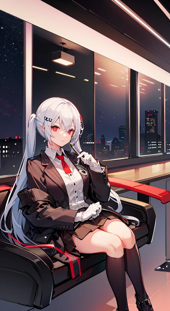 Girl with long white hair, red eyes, sitting on a guy with long black hair