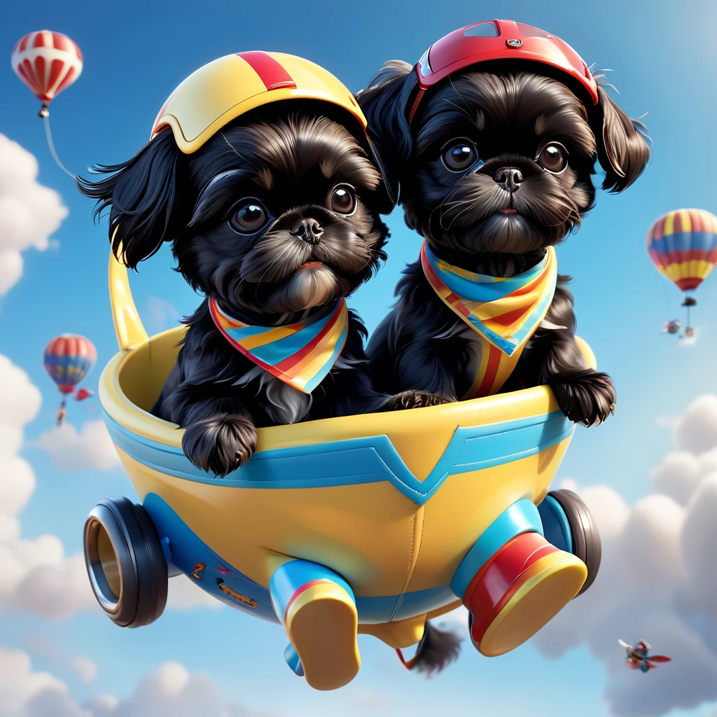 2 adorable small black shih tzu puppies, extremely detailed, wearing bright bandannas and goggles, skydiving, disney background, 3d cartoon, 3d render, disney pixar style, photorealistic, 8k, high quality, vibrant colors, dynamic lighting, cute and playful expression