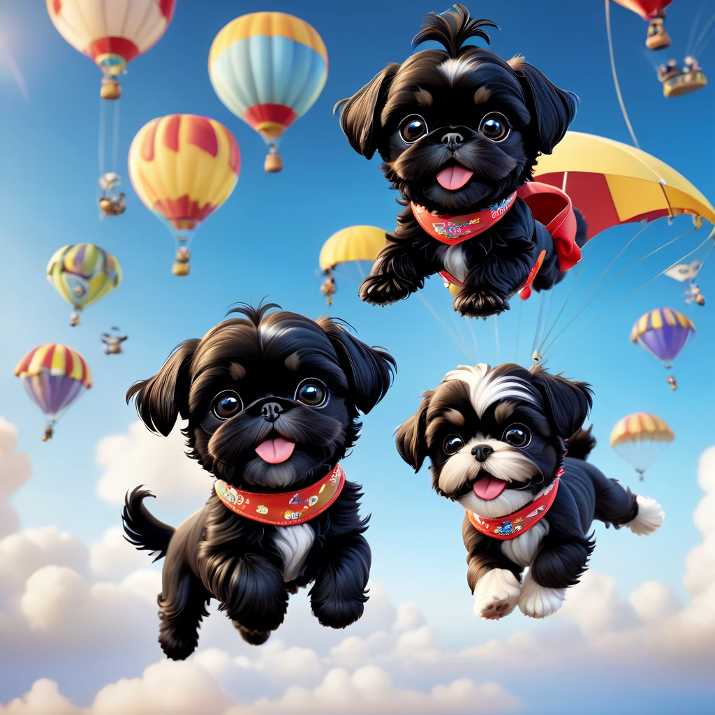 2 adorable small black shih tzu puppies, extremely detailed, wearing bright bandannas and goggles, skydiving, disney background, 3d cartoon, 3d render, disney pixar style, photorealistic, 8k, high quality, vibrant colors, dynamic lighting, cute and playful expression