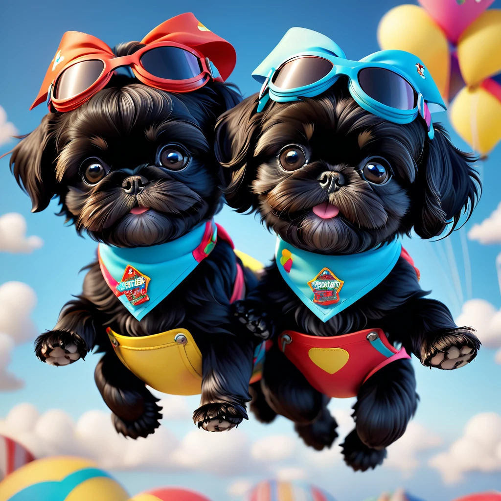 2 adorable small black shih tzu puppies, extremely detailed, wearing bright bandannas and goggles, skydiving, disney background, 3d cartoon, 3d render, disney pixar style, photorealistic, 8k, high quality, vibrant colors, dynamic lighting, cute and playful expression