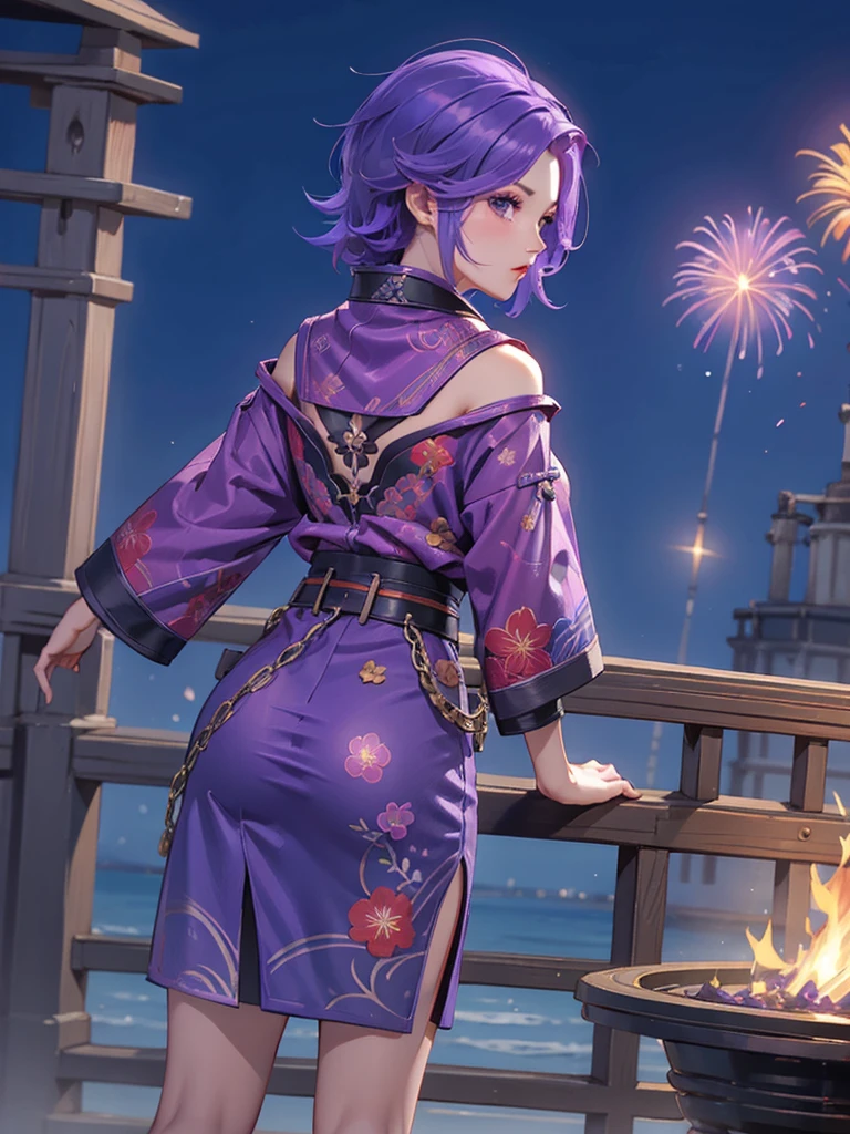 Ixia mobile legends kimono night fire work , purple hair, short hair