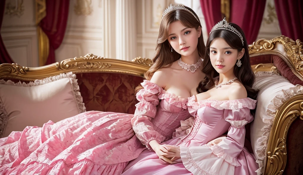 highest quality, masterpiece, highest resolution, artwork, super be familiar with, many detailed, detailed, be familiar with, woman, 25 years old,two womam are princesses,pink victorian dress,long sleeve,long dress,Dress with lots of frills and ribbons,luxury,big breast,long eyelashes
