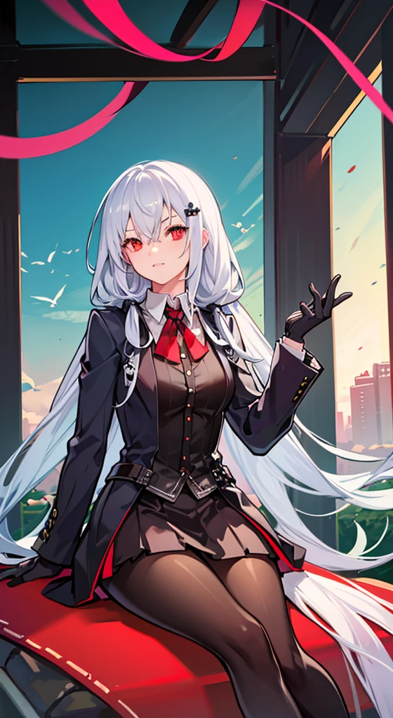 Girl with long white hair, red eyes, sitting on a guy
