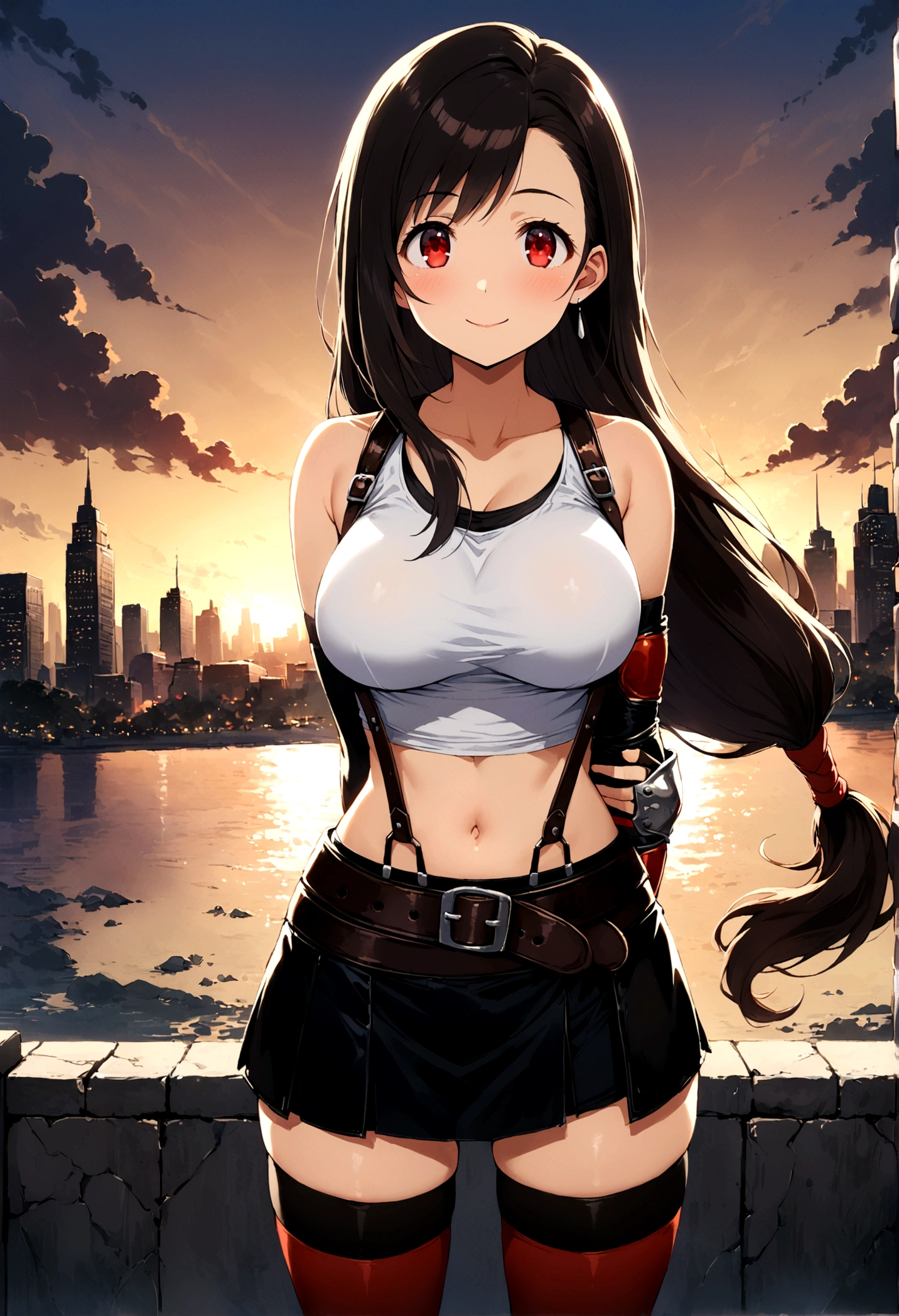 score_9, score_8_up, score_7_up, score_6_up, score_5_up,,rating_safe. BREAK , (from front,,feet focus,standing,straight-on,,(upperbody),looking_at_viewer ,1girl, tifa lockhart, final fantasy, tareme,black hair, low-tied long hair, red eyes, bangs, (white tank top, belt, pleated skirt, thighhighs, elbow fingerless gloves, elbow pads, midriff, navel,suspender skirt) ,large_breasts,(light smile),,,Solo,,(daytime and beachside and city),(best quality),(aesthetic,very aesthetic),,highly detailed,,depth of field,,professional lighting,cinematic lighting, ,(arms behind back),