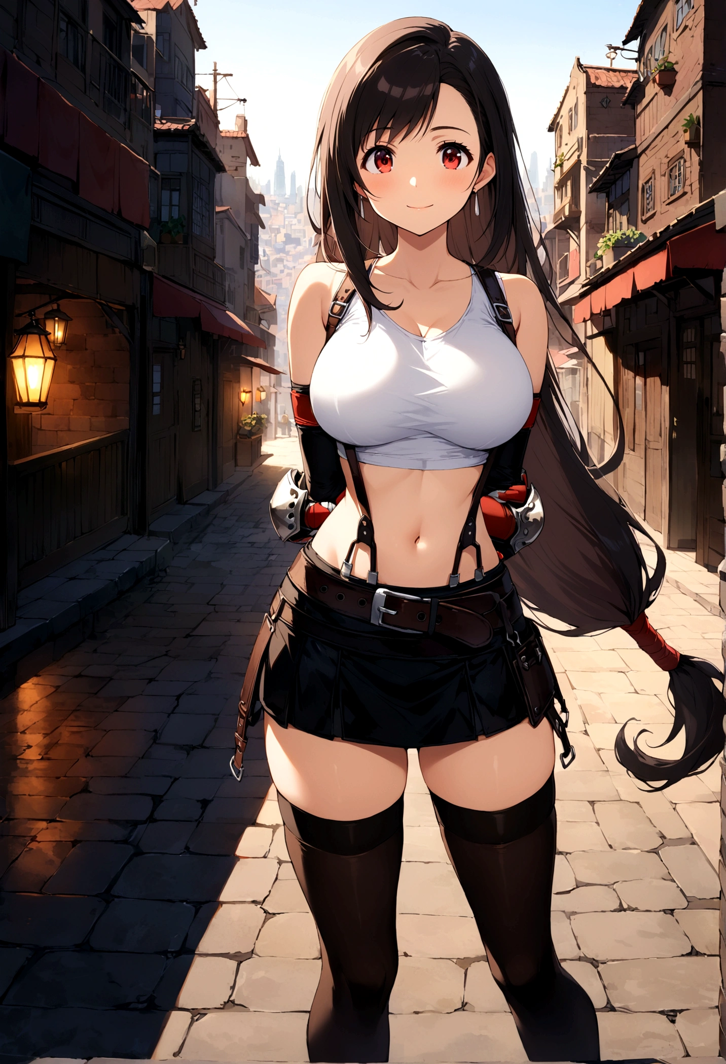 score_9, score_8_up, score_7_up, score_6_up, score_5_up,,rating_safe. BREAK , (from front,,feet focus,standing,straight-on,,(upperbody),looking_at_viewer ,1girl, tifa lockhart, final fantasy, tareme,black hair, low-tied long hair, red eyes, bangs, (white tank top, belt, pleated skirt, thighhighs, elbow fingerless gloves, elbow pads, midriff, navel,suspender skirt) ,large_breasts,(light smile),,,Solo,,(daytime and beachside and city),(best quality),(aesthetic,very aesthetic),,highly detailed,,depth of field,,professional lighting,cinematic lighting, ,(arms behind back),