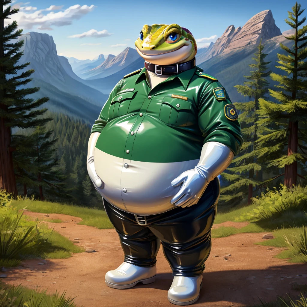 solo, full body, Male, fat, extremely obese, Gecko, park ranger, trousers, outdoor, park ranger uniform, collared shirt with buttons, blue eyes, (soft shading), 4k, hi res, ((detailed face, detailed)), looking at viewer, evil grin, Gecko is wearing the collared shirt and leather collar at the same time, Gecko is wearing a glossy leather dog collar around the neck, Gecko is wearing white rubber gloves on the hands, white rubber gloves on the feet, gloves are rubber in texture, leather collar is shiny, leather collar is extremely detailed, rubber gloves are glossy, Evergreen pine forest and mountains national park in the background, Environmental protection area.