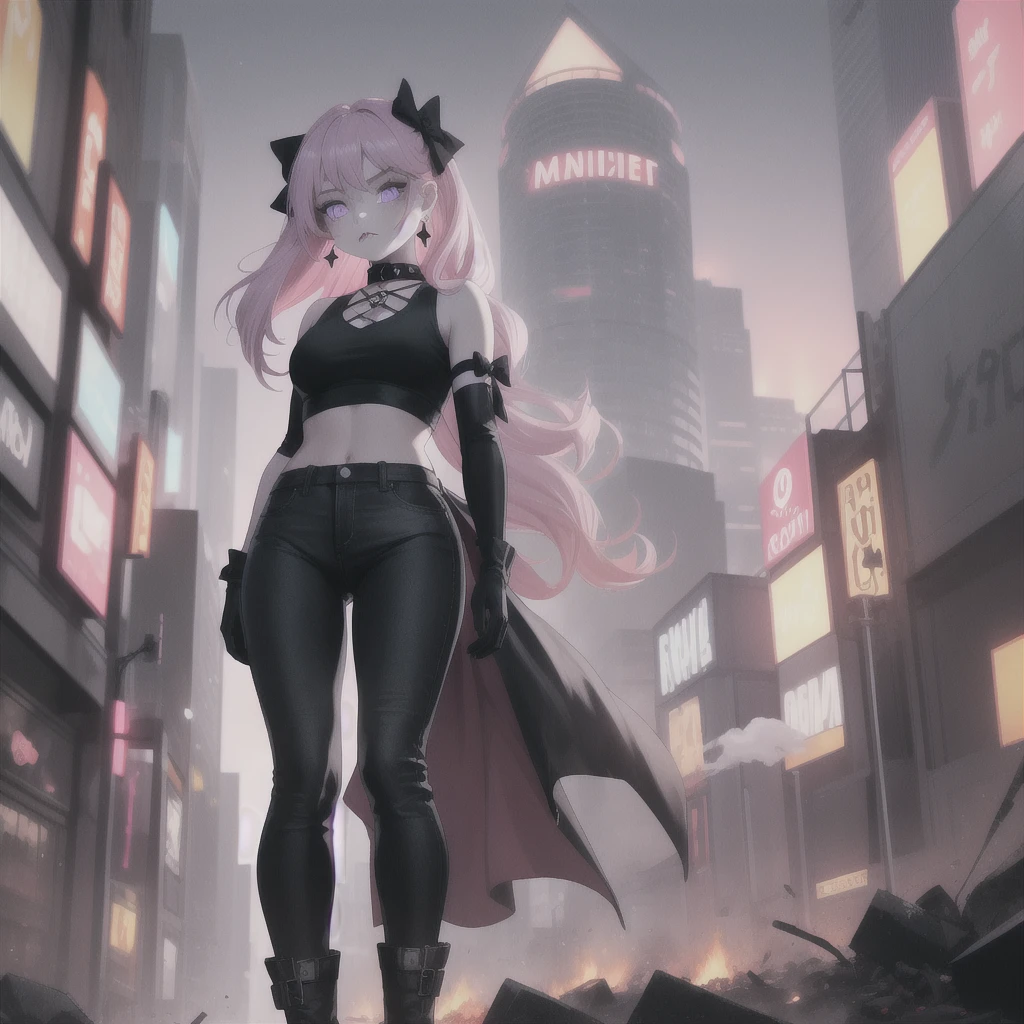 masterpiece, best quality, :/, pink hair, purple eyes, hair bow, scenery, outdoors, rampage, with tiny, tiny people, running away, scared, fire, smoke, red sky, ground view, from below, standing,goth,mall outfit,pentagram earrings,black lipstick,obscured by fog,face obscured, pinkplatform boots,fingreless gloves,hotopic outfit,secenmo hair style,cute but scary,mature lady,big bosom,black and white hair bow,goth gal,pink boots,chocker,GtsGiga, giantess art,fishnets,Gtscity,cityscape, black crop top ,solo one girl,visible midriff, lip pricing,tower over the city,skinny jeans