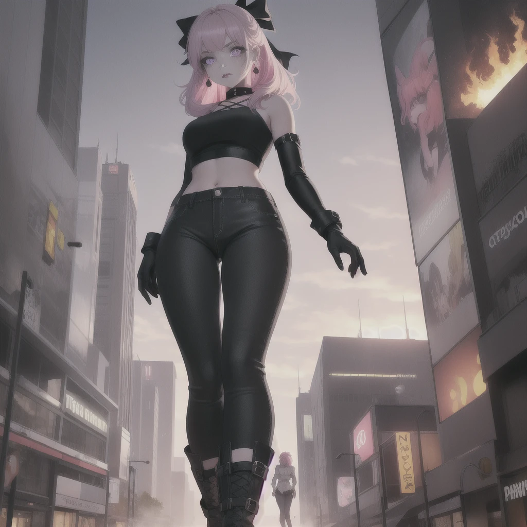 masterpiece, best quality, :/, pink hair, purple eyes,  hair bow, scenery, outdoors,  rampage, with tiny, tiny people, running away, scared, fire, smoke, red sky, ground view, from below, standing,goth,mall outfit,pentagram earrings,black lipstick,obscured by fog,face obscured,  pinkplatform boots,fingreless gloves,hotopic outfit,secenmo hair style,cute but scary,mature lady,big bosom,black and  white hair bow,goth gal,pink boots,chocker,GtsGiga, giantess  art,fishnets,Gtscity,cityscape, black crop top ,solo one girl,visible midriff, lip pricing,tower over the city