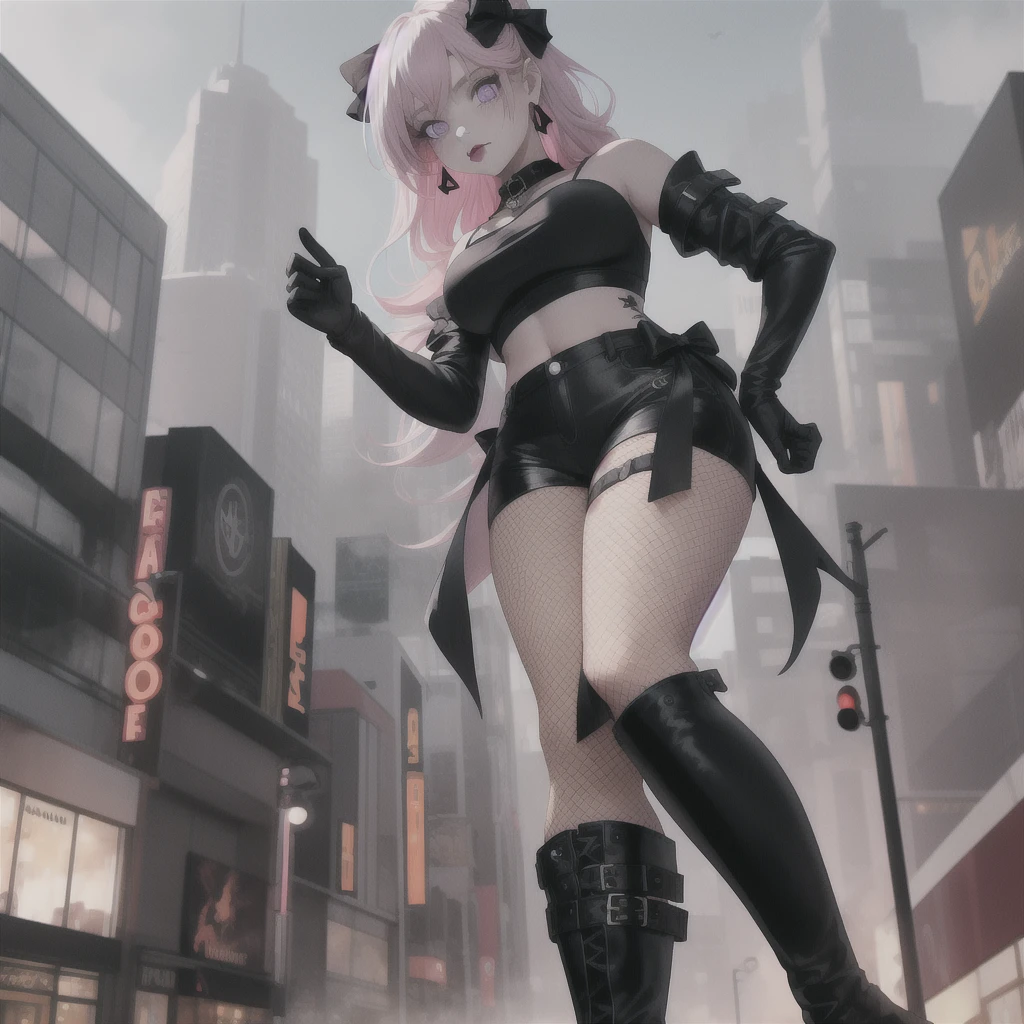 Hyperrealistic version of a woman giant. A giant woman in a bikini lying on top of a cyberpunk city, Little guys running around the giant girl, Standing on her hand, cgsociety 9, 2. 5 d cgi fantasy art, engine rendering unreal + a goddess, full body cgsociety, artgerm ; Hyper realistic 3d content, giant art, super detailed 3d matte paintings, super detailed 3d matte paintings, realistic fantasy art, realistic 3 d anime style. Beautiful girl. Big thighs."The little people stood on the top of a high-rise building waving to the girl".Wear short skirts.