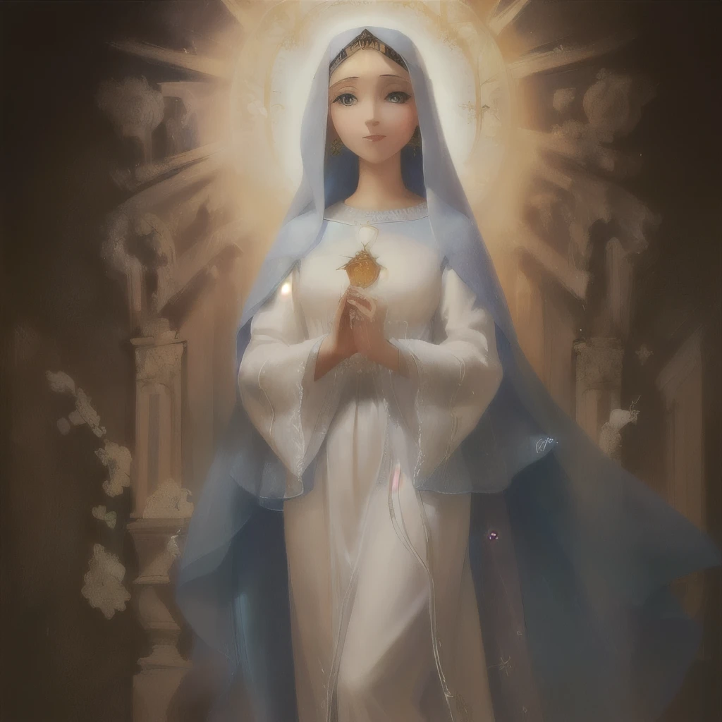 a painting of a woman in a white dress with a blue veil, virgin mary, queen of heaven, majestic holy woman, catholic Religious Art, holy and beautiful, portrait of virgin mary, beautiful representation, holy imagery, Religious Art, religious painting, disney animation , ludic