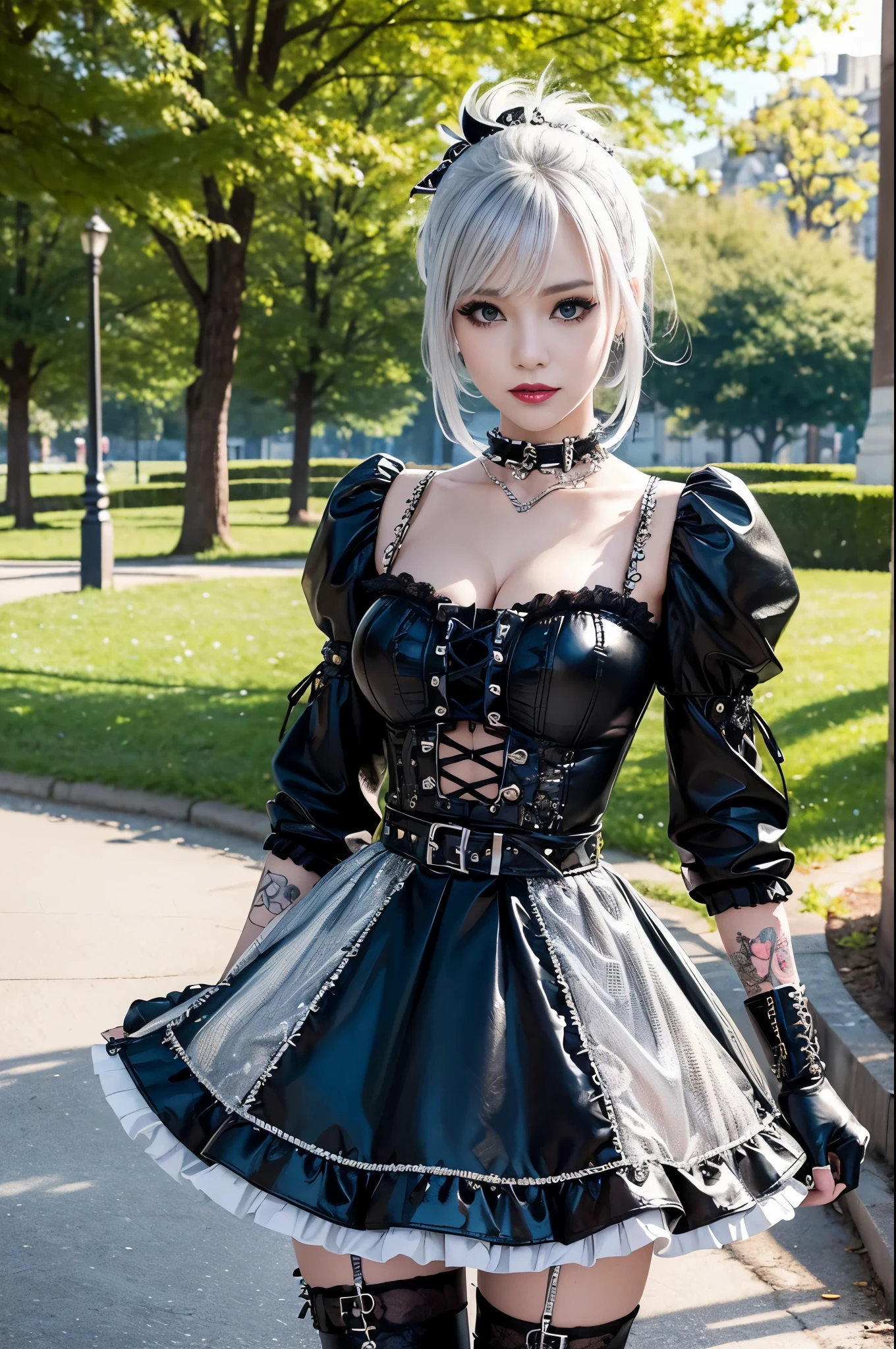 sexy stylish female model, only 1 female, ((doll-like appearance)), very short multicolor stylish hair, ((shiny Punk-Style boots)), (beautiful smile), ultra detailed eyes, Punk makeup, lipgloss, ((sexy Punk Lolita cosplay)), unconventional skirt, petticoats, high neckline, ((ultra detailed lace)), ((ultra detailed embroidery)), intricate details, tartan patterns, (silver chains), (silver spikes), (safety pins), Punk Lolita accessoires, Punk Lolita choker, ((large sparkling Punk Lolita jewelry)), cinematic light, detailed large park background with trees