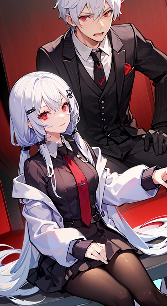 Girl with long white hair, red eyes, sitting on a guy