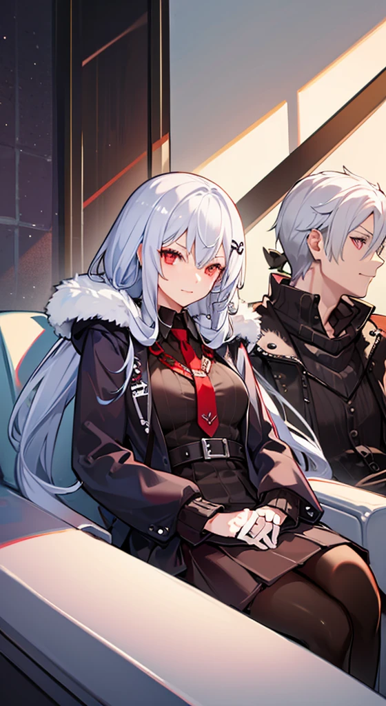 Girl with long white hair, red eyes, sitting on a guy